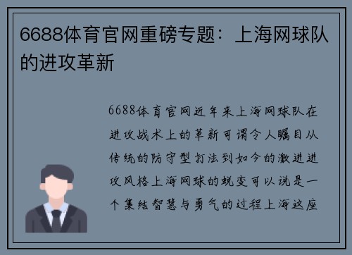 6688体育官网重磅专题：上海网球队的进攻革新